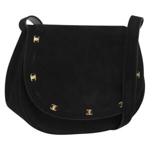 Salvatore Ferragamo Vala Shoulder Bag Suede Black Gold Auth BA9286